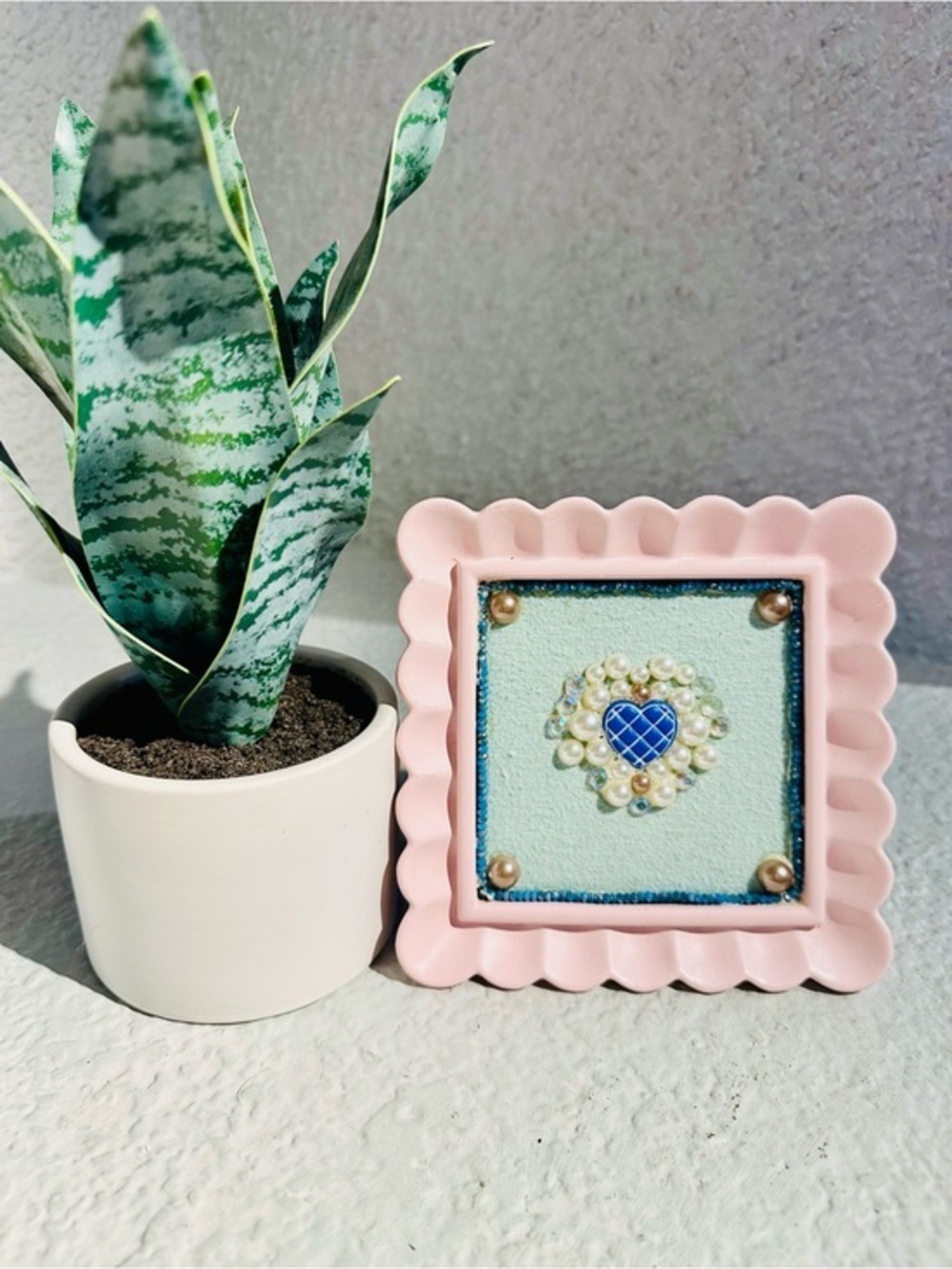 Handmade Blue Heart Pearl Mixed Media Framed Art